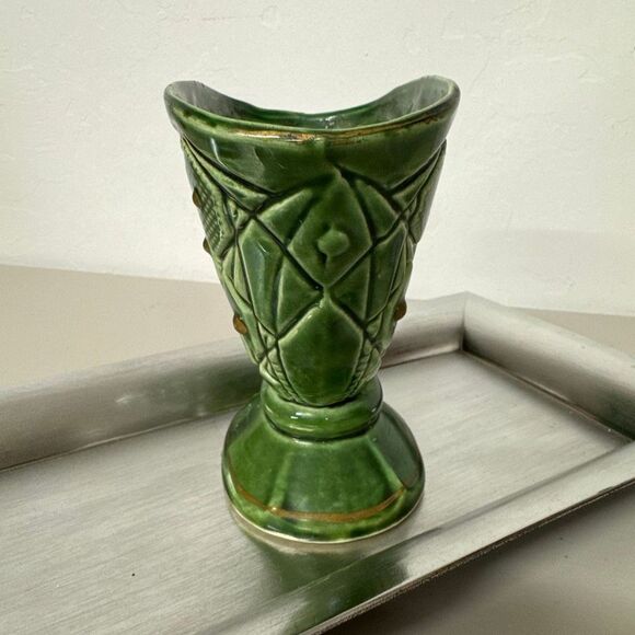 Vintage Ucagco Carved Vase Green Ceramic Decorative Art Deco Design Unique Decor - Picture 4 of 13